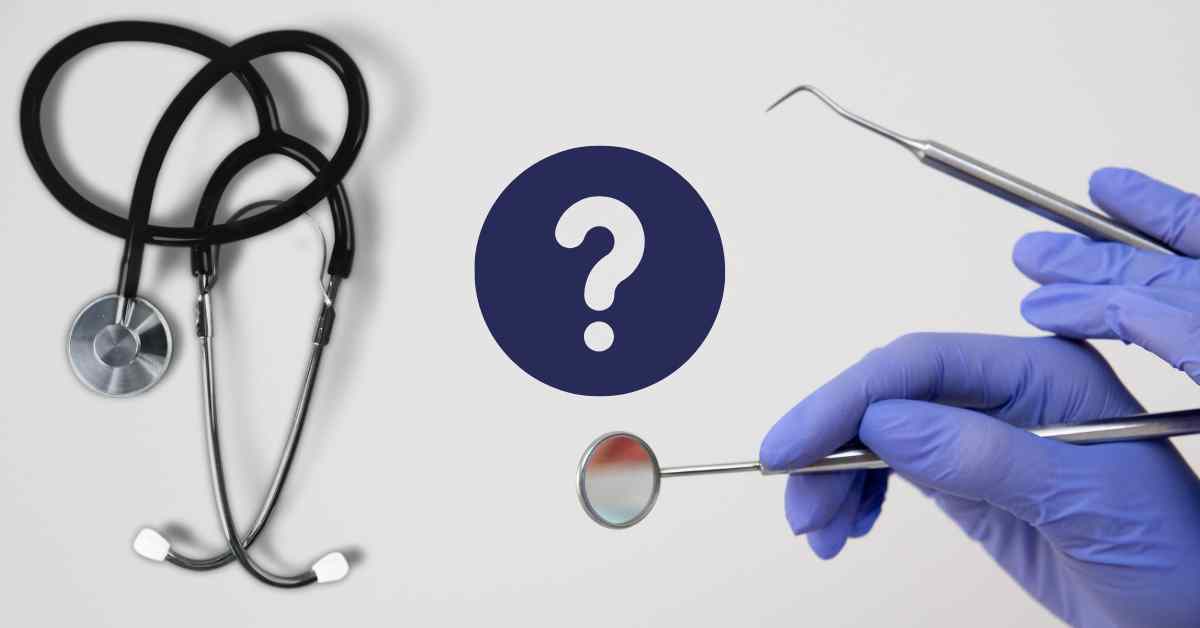 Stethoscope and dental tools side by side, representing medical and dental care for mouth pain.